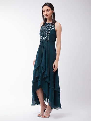 Image of Miss Chase Women's Round Neck Sleeve Embellished Fit Flare Maxi Dress