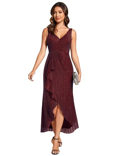 Ever-Pretty Women's Dresses High-Low Ruffle Mermaid Wedding Guest Dress with V-Neck Burgundy 10UK