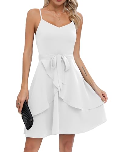 Image of Missufe Women's Summer Dress Swing Casual Dress Spaghetti Straps Ruffle Mini Dress Tie Short Dresses, White, XL