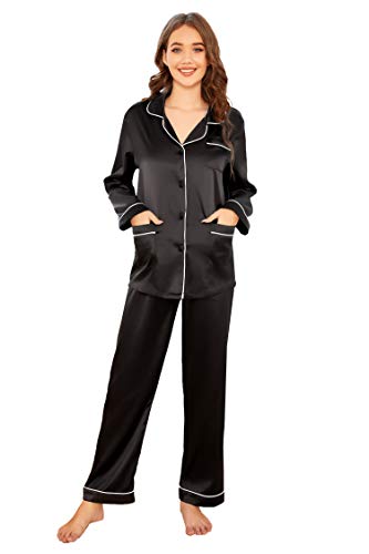Ekouaer Ladies Pjs Long Sleeve Nightwear Set Women's Sleepwear with Pants Button Down Pajama Set Black