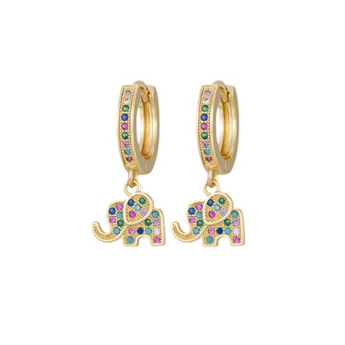Rofeego Hoop Earrings with Elephant Dangle Charms Pave Multicolor Stone