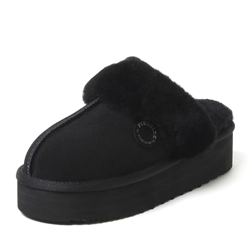 Dearfoams Women's Fireside Sydney Shearling Fur Indoor/Outdoor Scuff Slipper with Wide Widths, Black Platform, 6
