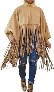 Women's Tassel Ponchos Cape Cloak Turtleneck Poncho Sweater Fringe Pullover Shawl Tops