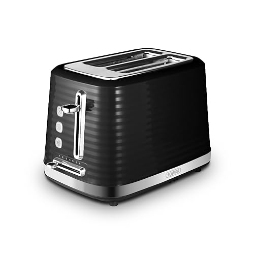 Image of Tower T20083BLK Saturn 2-Slice Toaster with 7 Browning Levels, Defrost/Reheat/Cancel, Black and Chrome Accents