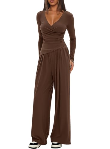 Darong Ensemble 2 pièces pour femme - Col en V - Chemise à manches longues et pantalon large - Ensemble décontracté assorti, Café (entrejambe de 73,7 cm), Large Darong Ensemble 2 pièces pour femme - Col en V - Chemise à manches longues et pantalon large - Ensemble décontracté assorti, Café (entrejambe de 73,7 cm), Large