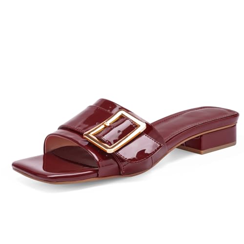 Image of Women's Slide Heeled Sandals Opened Square Toe Chunky Block Heel Slippers with Buckle Slip on Casual Comfortable Pumps