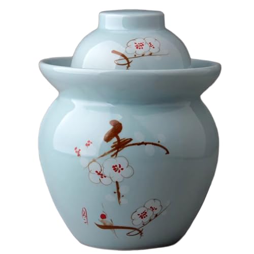 DECORN Tarro de Porcelana Tradicional China Pintado a Mano para Encurtidos, Tarro de Fermentación con Tapa Airlock con Sellador de Agua, Fermentador de Gres para Salsa de Kimchi,B,0.5kg