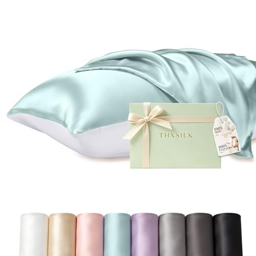 THXSILK 100% Mulberry Silk Pillowcase with Cotton Underside, Standard Size Silk Pillowcase for Hair and Skin, Soft Breathable Pillow Cover with Zipper (Light Blue, 20x26 Inches, 1 Pack)