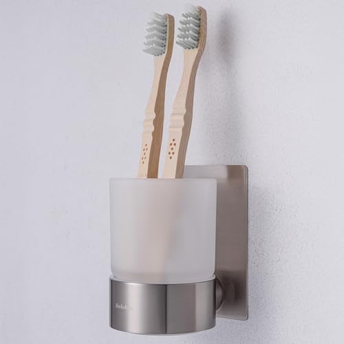 Dolvhin® Portacepillos de Dientes Sin Taladro | Vidrio Esmerilado Autoadhesivo | Organizador de Cepillos de Dientes | Vaso Portacepillos Baño para Pared | Portavasos Acero Inoxidable | Gris Plata