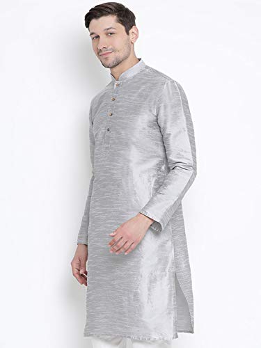 Image of VASTRAMAY Men's Grey Silk Blend Kurta - Comfortable Fit, Mandarin Collar, Full Sleeve - Perfect for Festive, Party