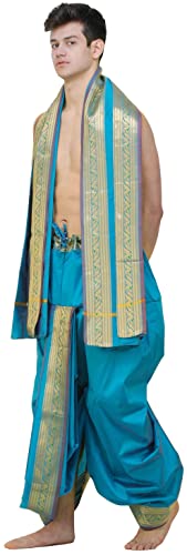 Ready to Wear Dhoti and Angavastram Set with Meenakari Woven Golden Border - Art Silk2