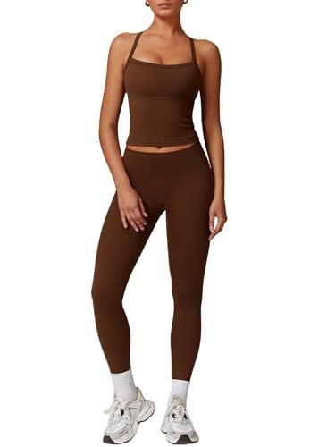 IDOPIP Sportanzug Zweiteiler Damen für Fitness: Neckholder Sommer Outfits mit Polster und hohe Taile Leggings - Gym Set mit Riemenrücken für Yoga, Pilates und Workout braun M IDOPIP Sportanzug Zweiteiler Damen für Fitness: Neckholder Sommer Outfits mit Polster und hohe Taile Leggings - Gym Set mit Riemenrücken für Yoga, Pilates und Workout braun M