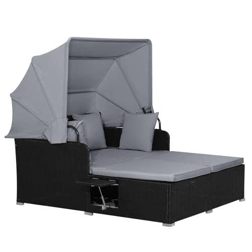 RELAX4LIFE Patio Outdoor Daybed with Canopy, Wicker Sunbed w/Cushions, 4 Pillows & 2 Retractable Side Trays, 2-Person Lounge Bed Conversation for Poolside Porch Garden, Rattan Outdoor Bed (Grey)