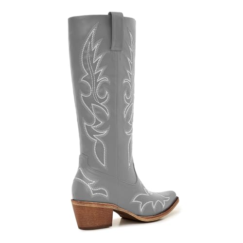Image of Uillnoodu Women's Turquoise Cowgirl Boots - Wide Calf Mid Calf Western Boots Plus Size Embroidered Cowboy Style with Block Heel