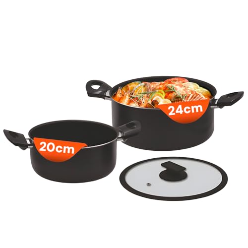 Juego de cacerolas de aluminio Wintem de 20/24 cm con tapas de cristal negro 7