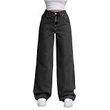 Generisch Jeanshose Damen Wide Leg Hose Baggy Jeans Straight Jeanshosen High Waist Palazzo Hose Weites Bein Stoffhose Hosenanzug Elegant Freizeithosen mit Taschen Black S