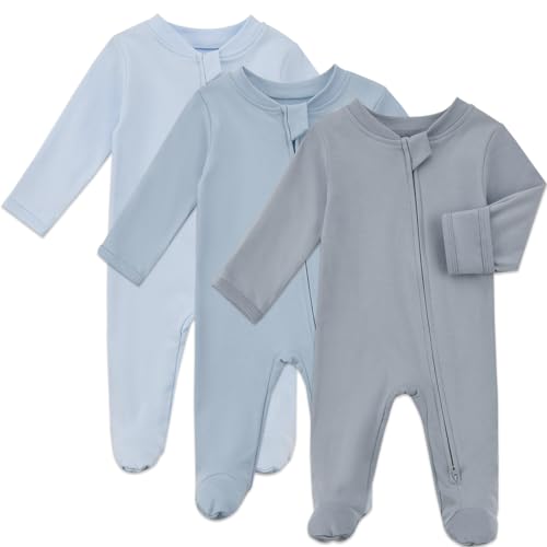 Image of Aablexema Baby Organic Cotton Pajamas 2 Way Zipper Preemie Newborn One Piece Outfit Long Sleeve Footed Sleepwear