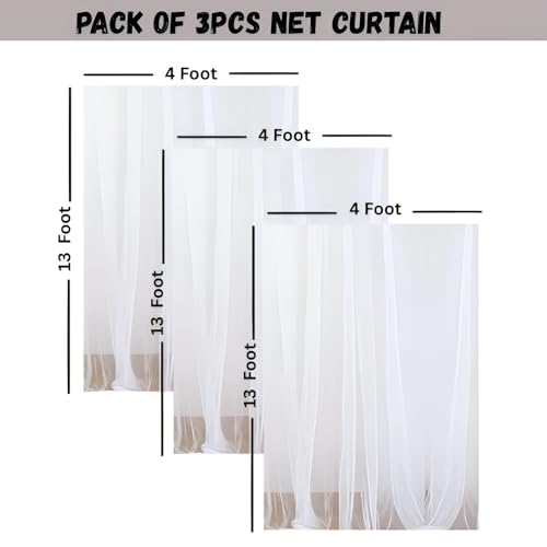 Image of 3pcs White Backdrop Decoration Net - 13x4ft Each, Nylon Made, Reusable and Soft Fabric, Ganpati Decoration Setup for Home, Cabana Tent Decorations for Birthday, Wedding Net