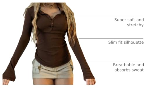 Image of Fronage Teen Girls Grunge Clothes for Women Y2K Long Sleeve Slim Fit Button Down Knitted Shirts Grunge Aesthetic Tops(Brown,X-Large)