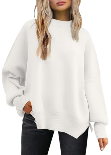 Image of LILLUSORY Women's Oversized Batwing Sweaters 2026 Fall Outfits Trendy Crewneck Knit Side Slit Fashion Pullover Tops