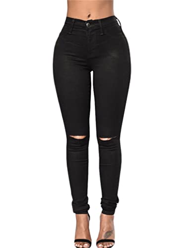 Femme Pantalon Taille Elastique Ripped Jean Dechiree Destroy Troué A Trou Pantalons en Denim Troué Stretch Haute Slim Jeans Déchiré Skinny Crayon Rétro Bleu Clair...