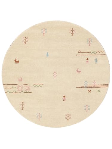 RugVista Gabbeh Landscape, Alfombra, Gabbeh, Ø 150 cm, Redondo, Pelo Medio, Sala de Estar, Dormitorio, Pasillo, Limpieza en seco, Certificado Care & Fair, Claro Beige