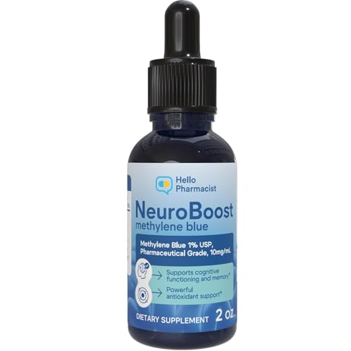 HelloPharmacist NeuroBoost Methylene Blue 1% - 2Oz (60 mL) - Pharmaceutical USP Grade 99.99% Purity - Lab Certified - Made in The USA - 1mL Graduated Dropper (10mg/1mL) - Trusted Brand