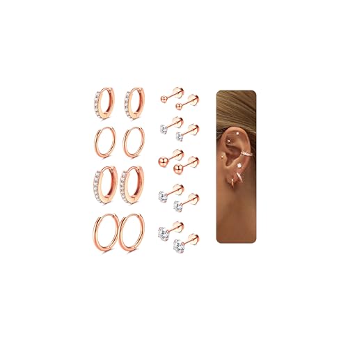 LOLIAS 9 Paar Ohrringe Rosegold 925 Chirurgenstahl Medizinische Ohrstecker Ohrringe Stecker und Creolen Set Hypoallergene Rosegold Ohrringe Damen Schmuck