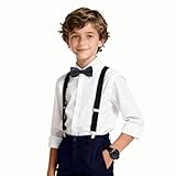 Boys Suit Set Navy Blue Suspender Outfit with Bow Tie Ring Bearer Suits Formal Wear for Toddler Boys Size 5