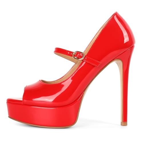 Image of SAMMITOP Women's Peep Toe High Heels Platform Stiletto Pumps Patent Mary Jane Heels 5.5 inch Party Wedding Dress Shoes