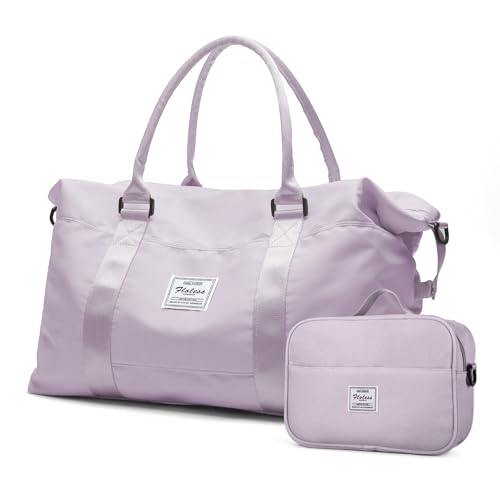 Image of HYC00 Travel Duffel Bag with Toiletry Bag,Weekender Overnight Bag for Women,Carry-on Bag with Wet Pocket,Gym Bag,Extra Large,Light Purple