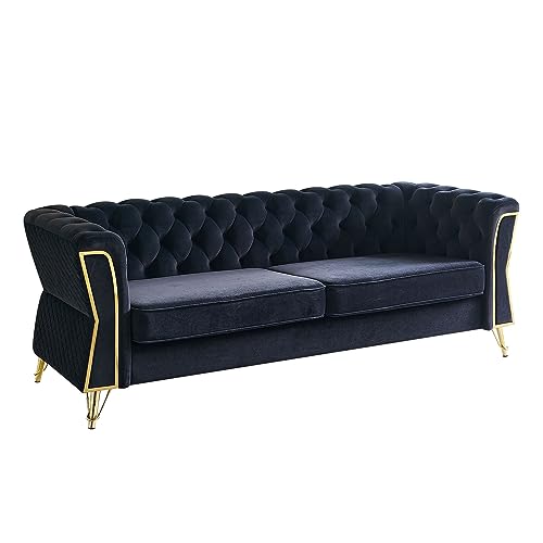 Image of KEIKI 87 inch Chesterfield Velvet Button Tufted Sofa with High Density Foam Cushions, Modern 3-Seater Couch with Gold Strip Trim Decoration, Easy Assembly, for Apartment, Living Room, Office, Black