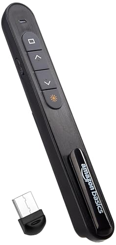 Amazon Basics Laser Pointer | Up to15 m Wireless Range | Wireless Presenter for Presentation, Slide Changer, USB Power Point Remote Control Pen | Black