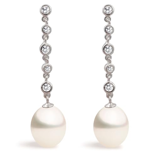 Pendientes de Perlas de Mujer Blancas Cultivadas de Agua Dulce de Gota de Agua de 8 9 mm con circonitas Secret & You   Cadena de Plata de Ley de 925 milésimas