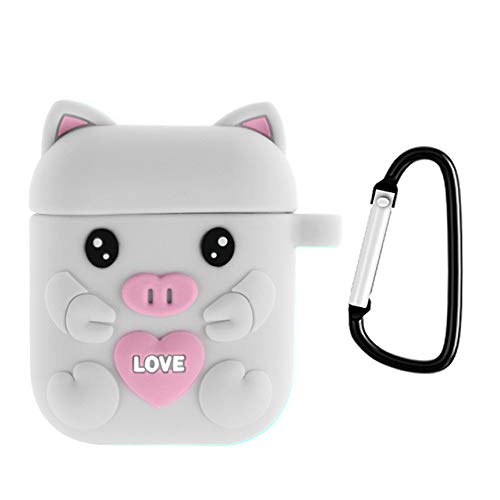 Coque pour Airpods 2/1 Filles Mignonne Coque de Protection en Silicone Drôle Fashion Coque pour Apple Airpod 1 2 avec Porte-clés Cochon Gris Cover