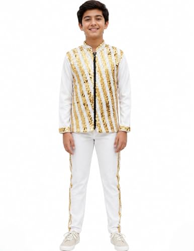 Image of BookMyCostume White & Golden Sequin Western Dance Costume for Boys | Stylish Shiny Full Sleeve Shirt and Pant Set with Zipper Closure | Annual Dance Costume for boys | Fancy Dress for Boys 10-12 Years
