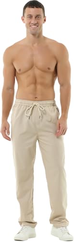 HOEREV Men Casual Strandhosen Leinen Hose- Gr. XXXL (Taille 45-47 zoll), Beige