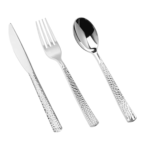 Pryntono 150PCS Silver Plastic Silverware Heavy Duty Plastic Cutlery Set Disposable Utensils - 50 Forks 50 Spoons and 50 Knifes for Party Wedding and Events