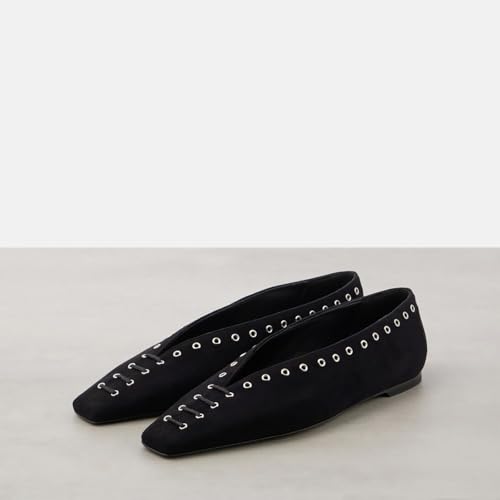Women's Suede Ballet Flats Square Closed Toe Lace Up Loafers with Metal Buckle Decoration Casual Comfort Flat Shoes3
