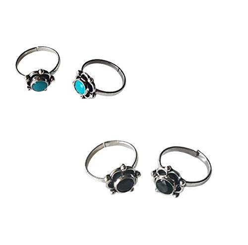 Toe Rings For Women | Stones Toe Rings Combo | Oxidized German Silver Flower Toe Rings Sets with Stones (2 Pairs) for Women