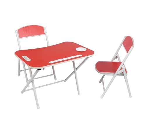 The Tickle Toe Foldable Kids Study Table and Chair Set | 1 Table + 2 Chairs | MDF Top with Metal Frame | Study Desk for Toddlers | Red | Age 2-5 Years | Made in India