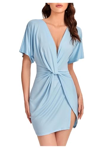 Image of Floerns Women's Deep V Neck Twisted Plunging High Slit Mini Party Dress