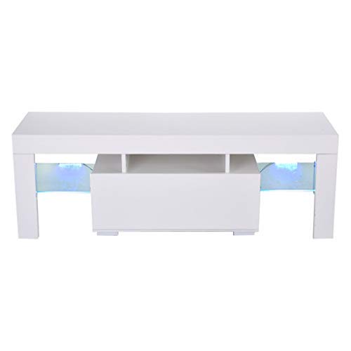 【US-in-Stock】 Modern LED TV Stand with LED Lights Glass Frame, TV Cabinet Television Media Storage Console Table with 2 Drawers Shelves, Living Room Furniture (Black, 47.2×15.7×13.4 inch)