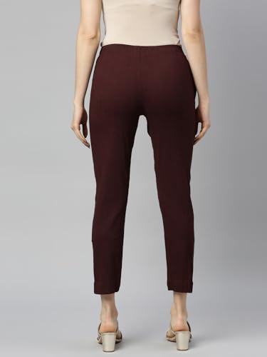 Image of MINELLI Women Solid Cigar Pants, Cotton Lycra Slub Fabric, Elasticated Waistband, Pull On Style, Regular Fit Bottom Wear for Western and Ethnic Wear