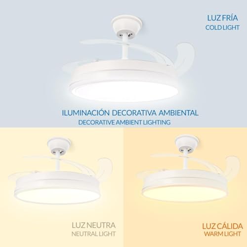Miniatura 9 de Casa Shop Ventilador Techo Con Luz 66w Ventilador Invisible Ultra Silencioso Con Mando A Distancia Y Palas Retráctiles Interiores Plafón Lluminación Función Verano-Invierno Blanco Puro