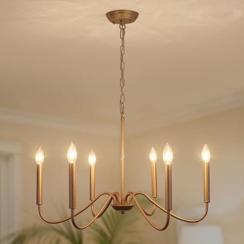 Generies Gold Farmhouse Chandelier, 6 Light Rustic Dining Room Light Fixtures, Modern Industrial Chandeliers Candle Hanging Ceiling Light for Bedroom, Foyer, Living Room, Kitchen Island, Entryway