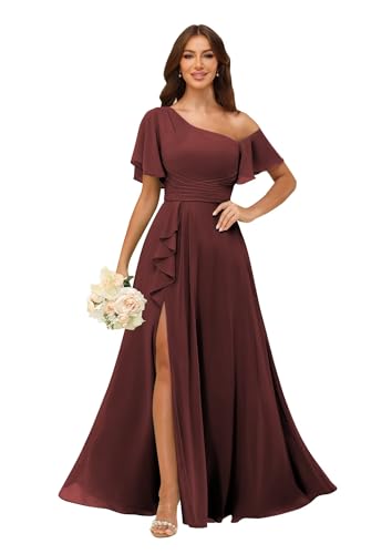 Image of One Shoulder Bridesmaid Dresses for Women with Pockets Short Sleeve Ruffled Chiffon Formal Evening Gowns