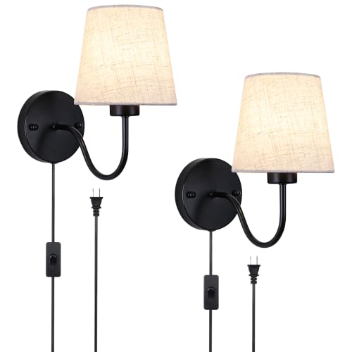 Image of LASENCHOO Plug in Wall Sconces Set of Two, Black Bedside Wall Lamps Lights | Vintage Wall Lights for Bedroom Living Room Hallway Entryway Porch, Plug in Cord 6.56ft, On /Off Switch, Fabric Lampshade, E26