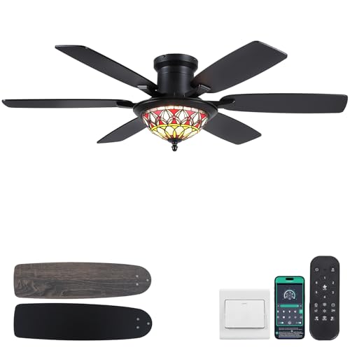 Image of Tiffany Ceiling Fans with Lights - 52" Ceiling Fan Chandelier with Stained Glass Shade, 6 Speeds Reversible 6 Dual-Blades, Flush Mount, 3 CCT Dimmable LED Lights, Remote & APP Control, Retro Style