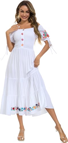 Image of Women's Summer Maxi Dress Casual Floral Embroidered Round Neck Short Sleeve Ruffle Tiered Dress Flowy Boho Beach Sundress